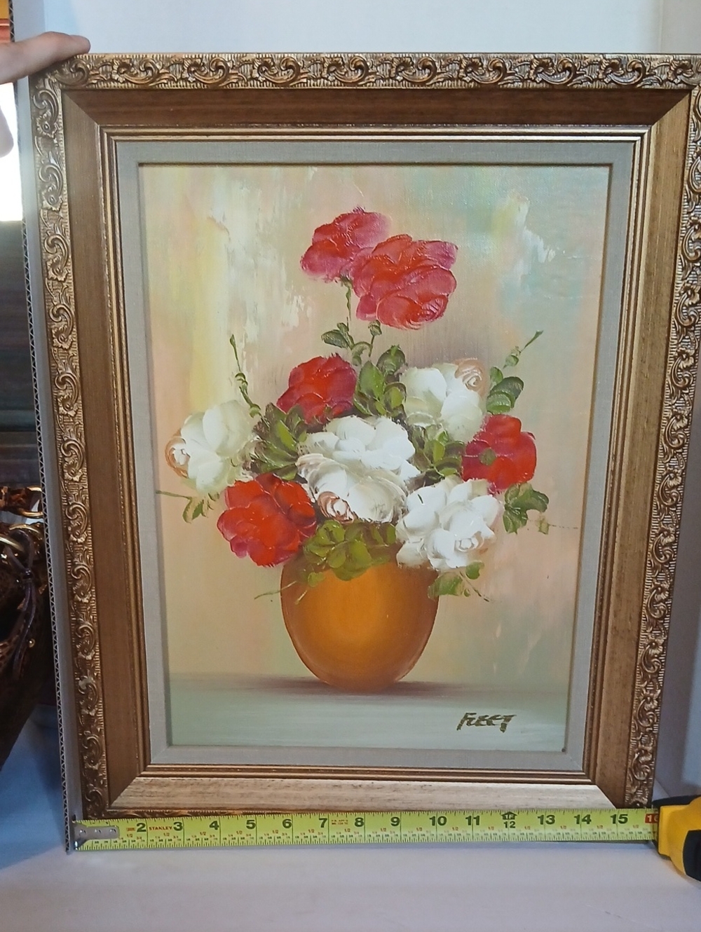 Orange Vase Floral Painting with Red & White Blossoms by